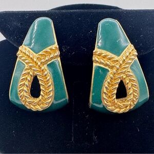 Vintage Monet Gold and Teal Earrings -Levered Clip.